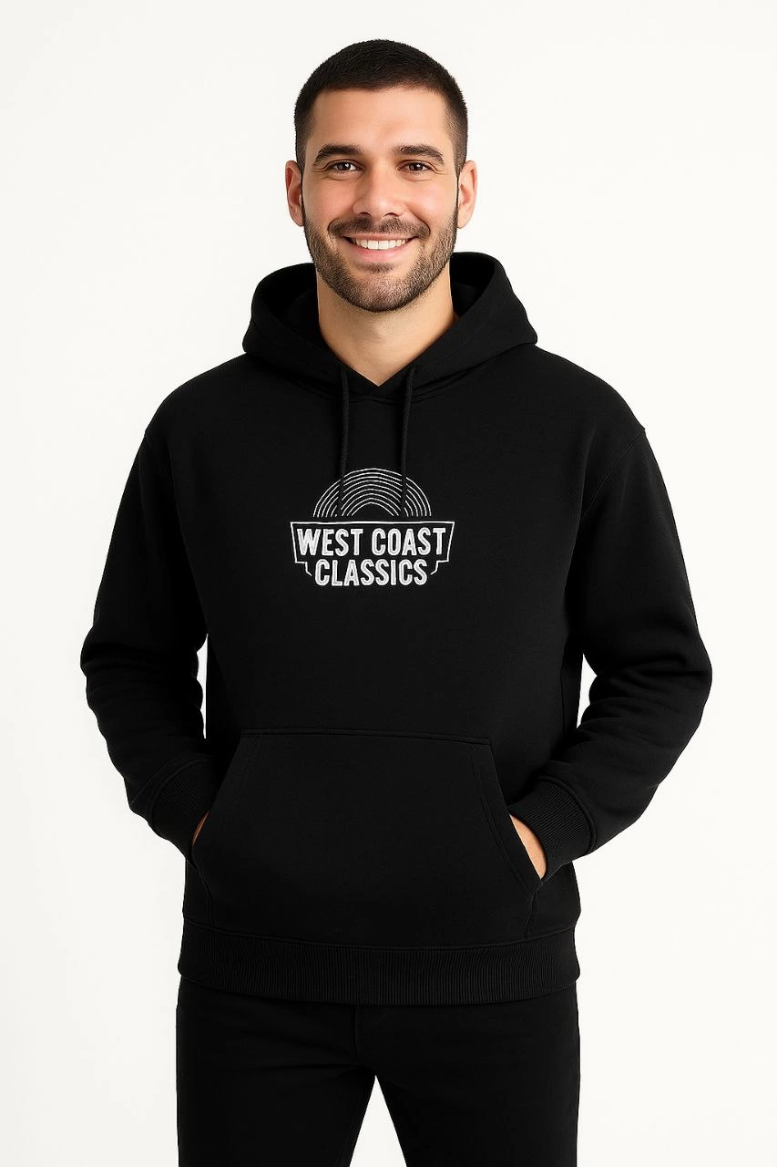 Erkek Kapüşonlu Kanguru Cepli Sweatshirt 3 İplik Pamuklu Baskılı Hoodie -  Siyah