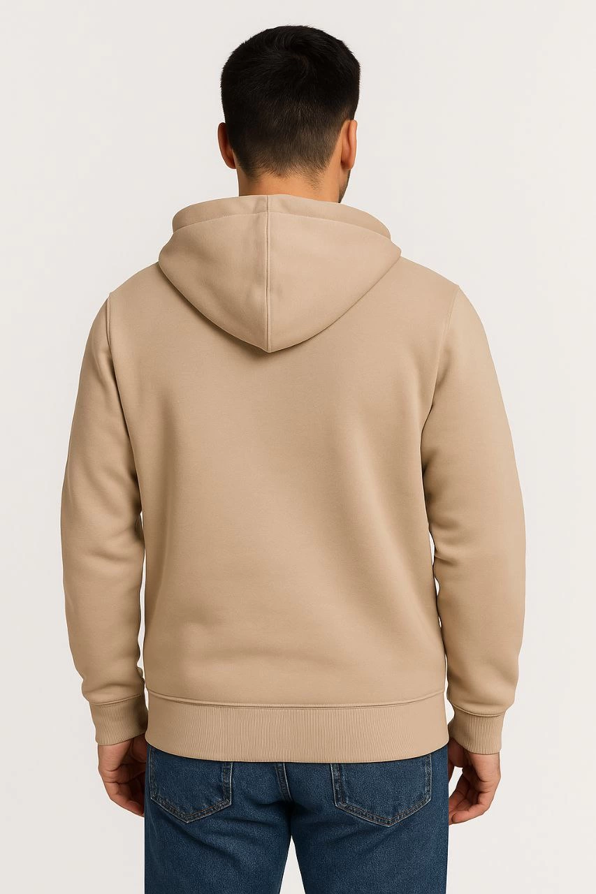 Erkek 3 İplik Pamuklu Kapüşonlu Tam Fermuarlı Cepli Hoodie Sweatshirt - Bej