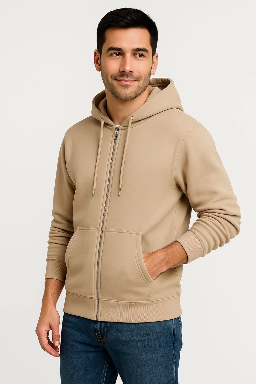 Erkek 3 İplik Pamuklu Kapüşonlu Tam Fermuarlı Cepli Hoodie Sweatshirt - Bej