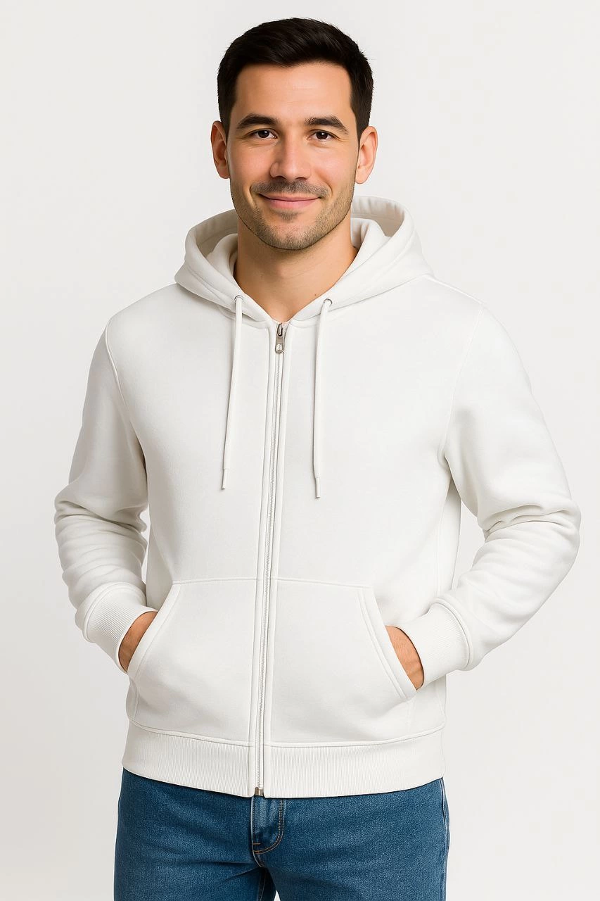 Erkek 3 İplik Pamuklu Kapüşonlu Tam Fermuarlı Cepli Hoodie Sweatshirt - Beyaz
