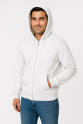 Erkek 3 İplik Pamuklu Kapüşonlu Tam Fermuarlı Cepli Hoodie Sweatshirt - Beyaz