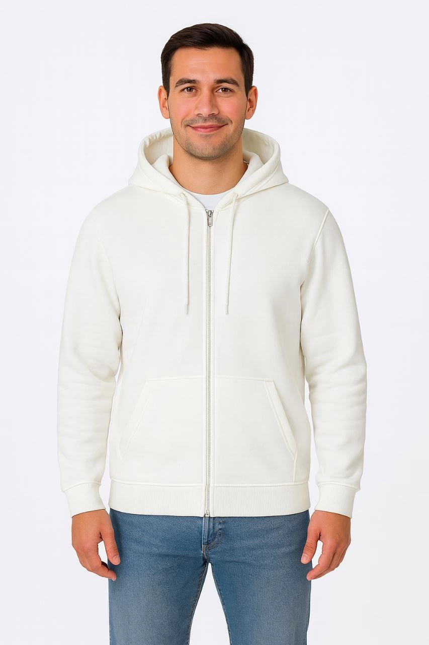 Erkek 3 İplik Pamuklu Kapüşonlu Tam Fermuarlı Cepli Hoodie Sweatshirt - Beyaz