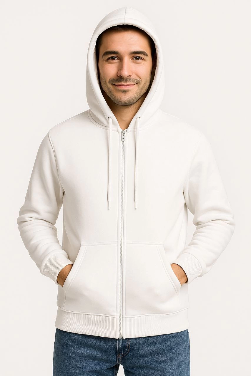 Erkek 3 İplik Pamuklu Kapüşonlu Tam Fermuarlı Cepli Hoodie Sweatshirt - Beyaz