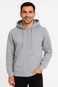 Erkek 3 İplik Pamuklu Kapüşonlu Tam Fermuarlı Cepli Hoodie Sweatshirt - Gri
