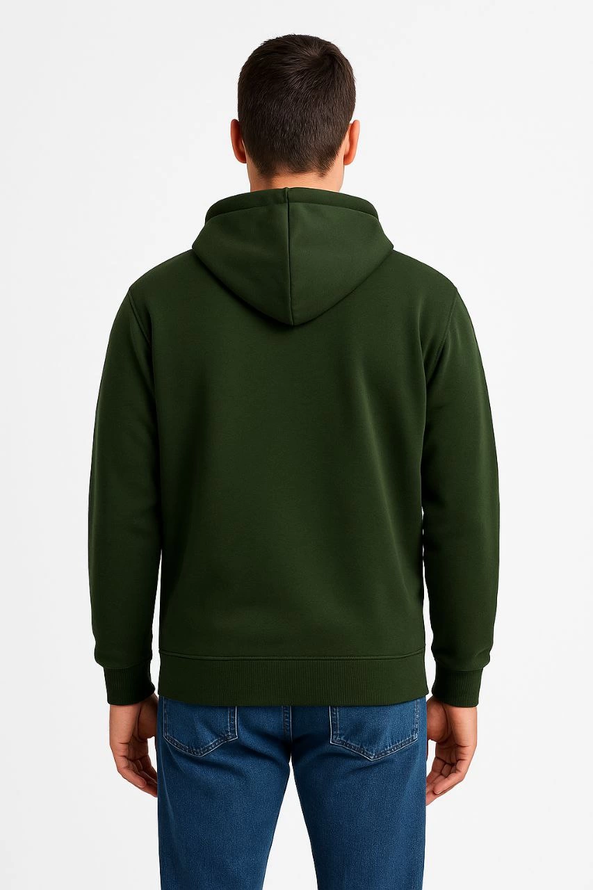 Erkek 3 İplik Pamuklu Kapüşonlu Tam Fermuarlı Cepli Hoodie Sweatshirt - Haki