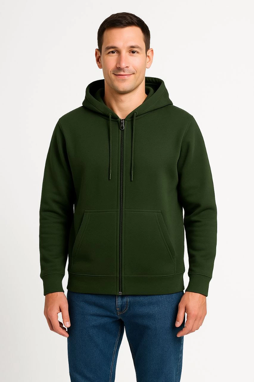 Erkek 3 İplik Pamuklu Kapüşonlu Tam Fermuarlı Cepli Hoodie Sweatshirt - Haki
