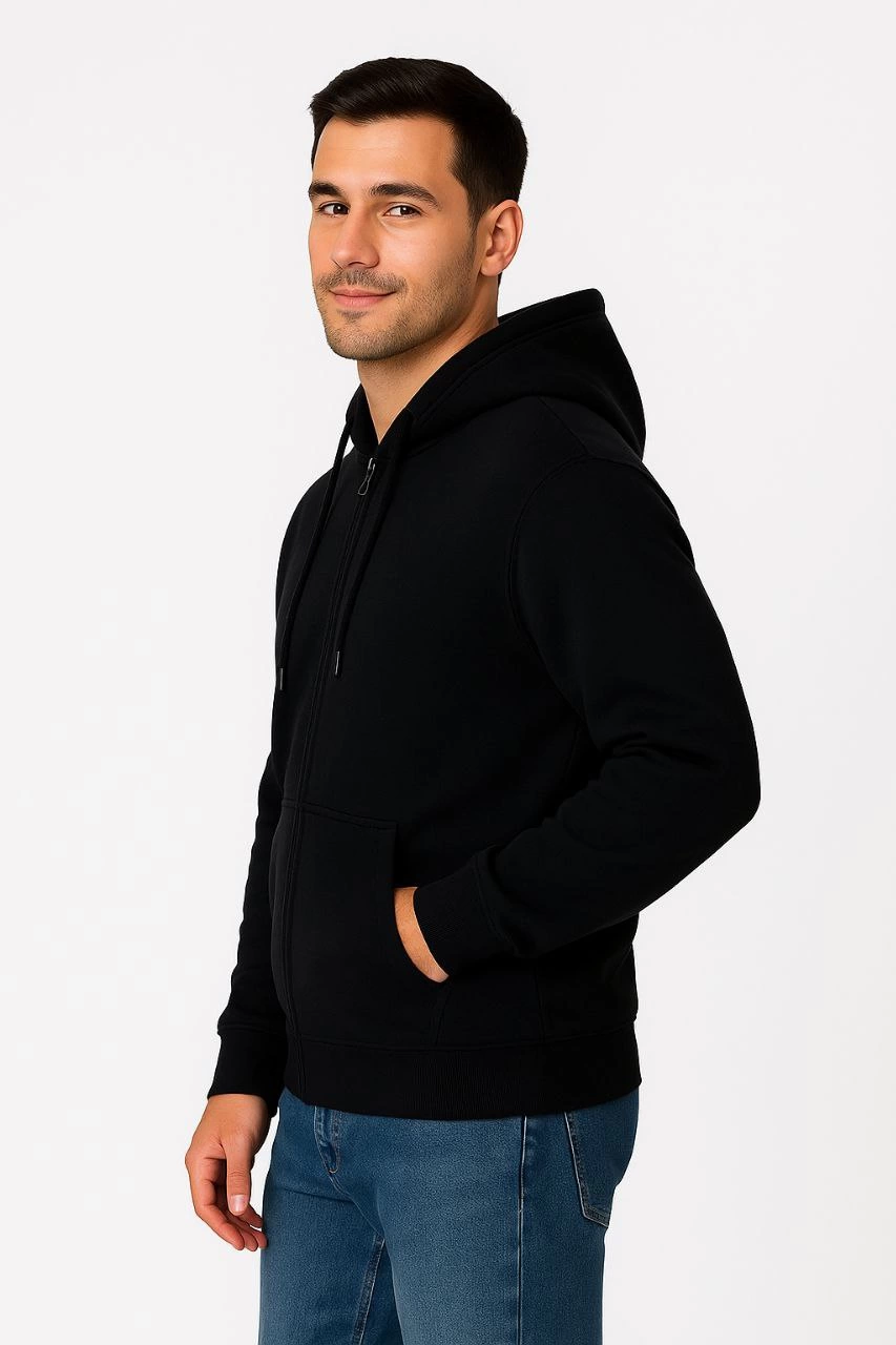 Erkek 3 İplik Pamuklu Kapüşonlu Tam Fermuarlı Cepli Hoodie Sweatshirt - Siyah