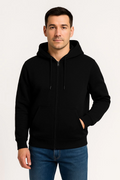 Erkek 3 İplik Pamuklu Kapüşonlu Tam Fermuarlı Cepli Hoodie Sweatshirt - Siyah