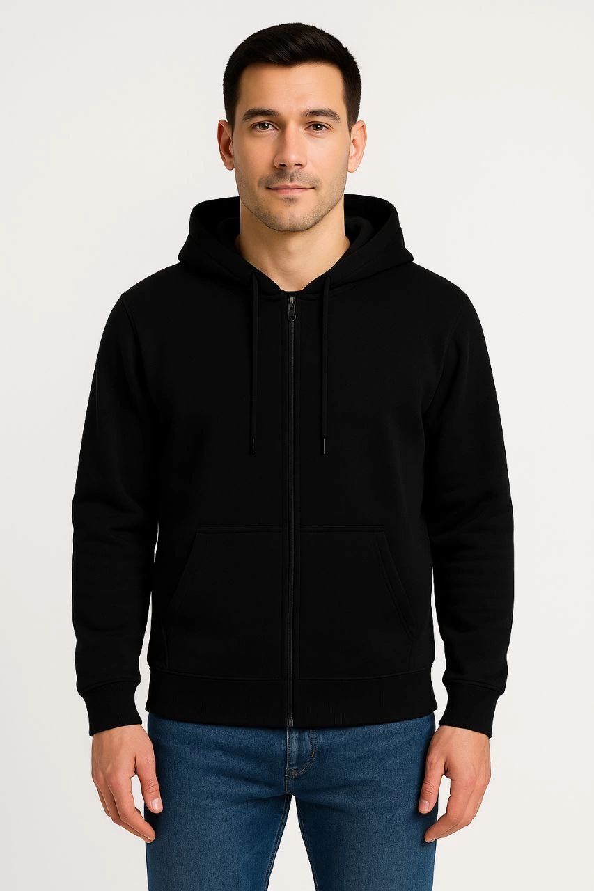 Erkek 3 İplik Pamuklu Kapüşonlu Tam Fermuarlı Cepli Hoodie Sweatshirt - Siyah