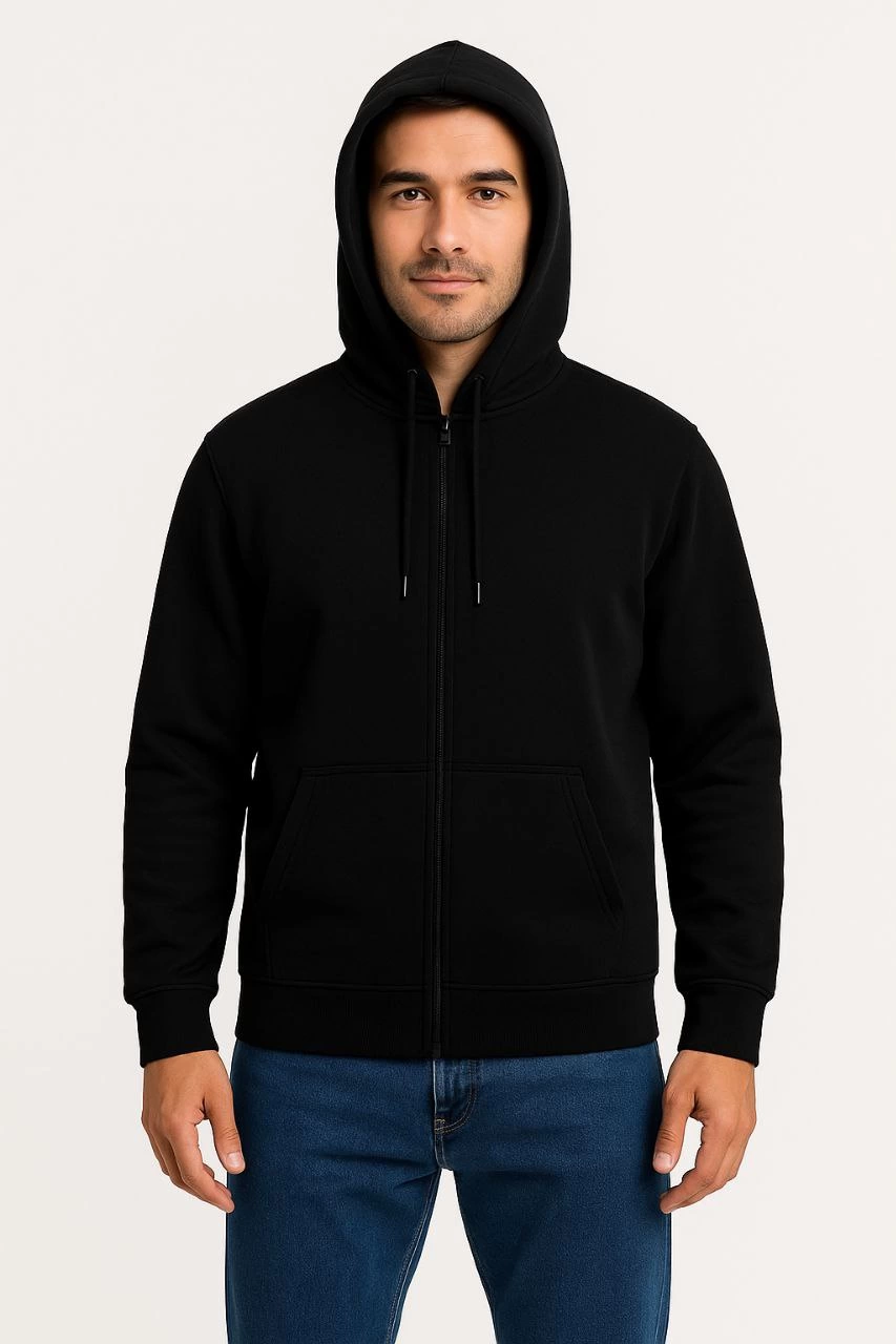 Erkek 3 İplik Pamuklu Kapüşonlu Tam Fermuarlı Cepli Hoodie Sweatshirt - Siyah