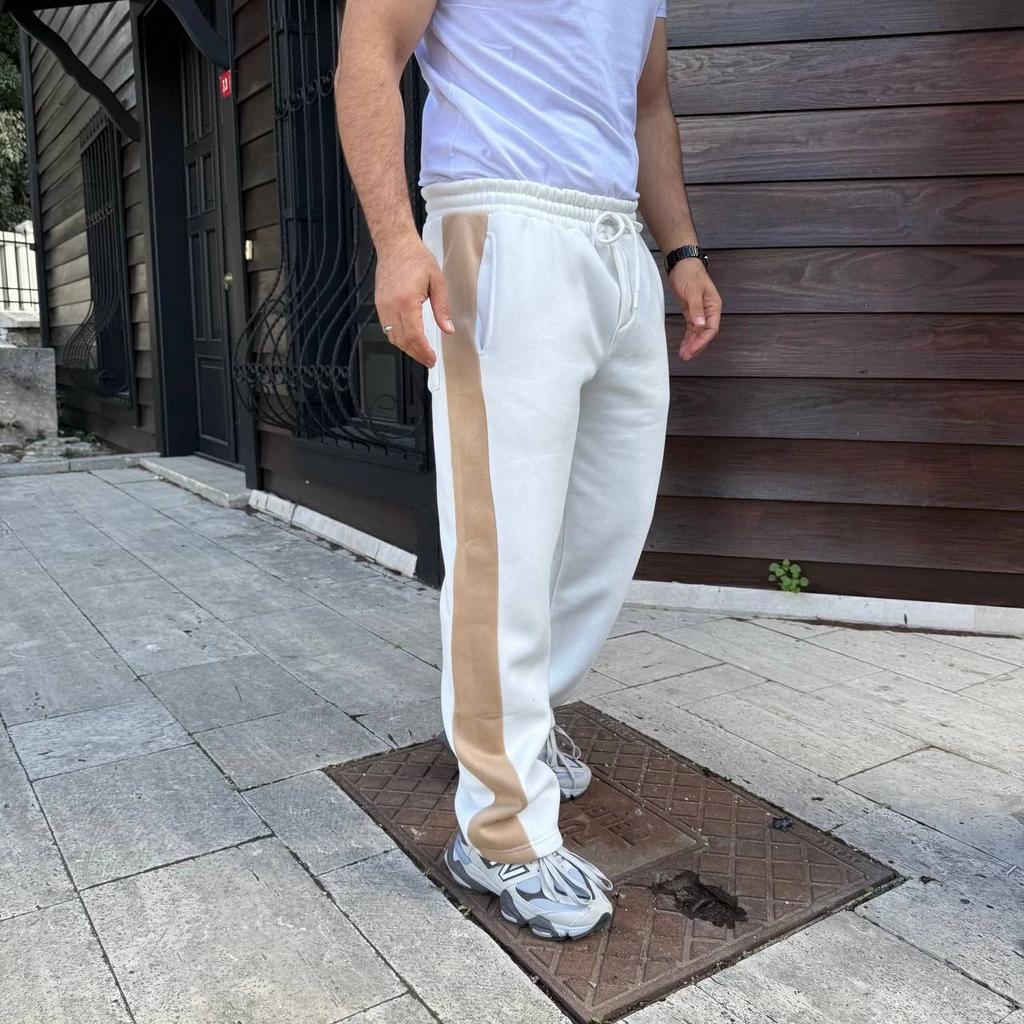 Erkek 3 İplik Pamukku Garnili Şeritli Cepli Eşofman Altı Pantolon - Beyaz