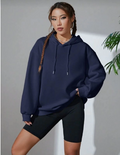 Kadın Kapüşonlu Kanguru Cepli 3 İplik Pamuklu Oversize Hoodie Sweatshirt - Lacivert