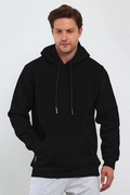 Erkek 3 İplik Pamuklu Kapüşonlu Cepli  Hoodie Sweatshirt - Siyah