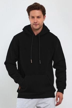 Erkek 3 İplik Pamuklu Kapüşonlu Cepli  Hoodie Sweatshirt - Siyah