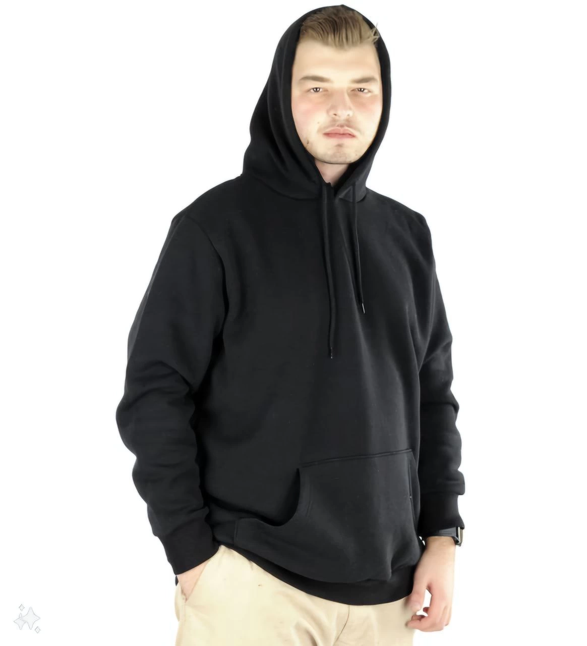 Erkek 3 İplik Pamuklu Kapüşonlu Cepli  Hoodie Sweatshirt - Siyah