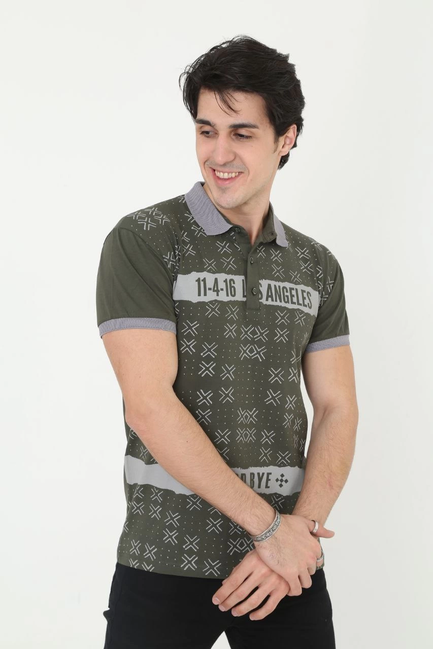 Erkek Polo Yaka tişört Slim Fit Baskılı Kısa kol T-Shirt - Haki