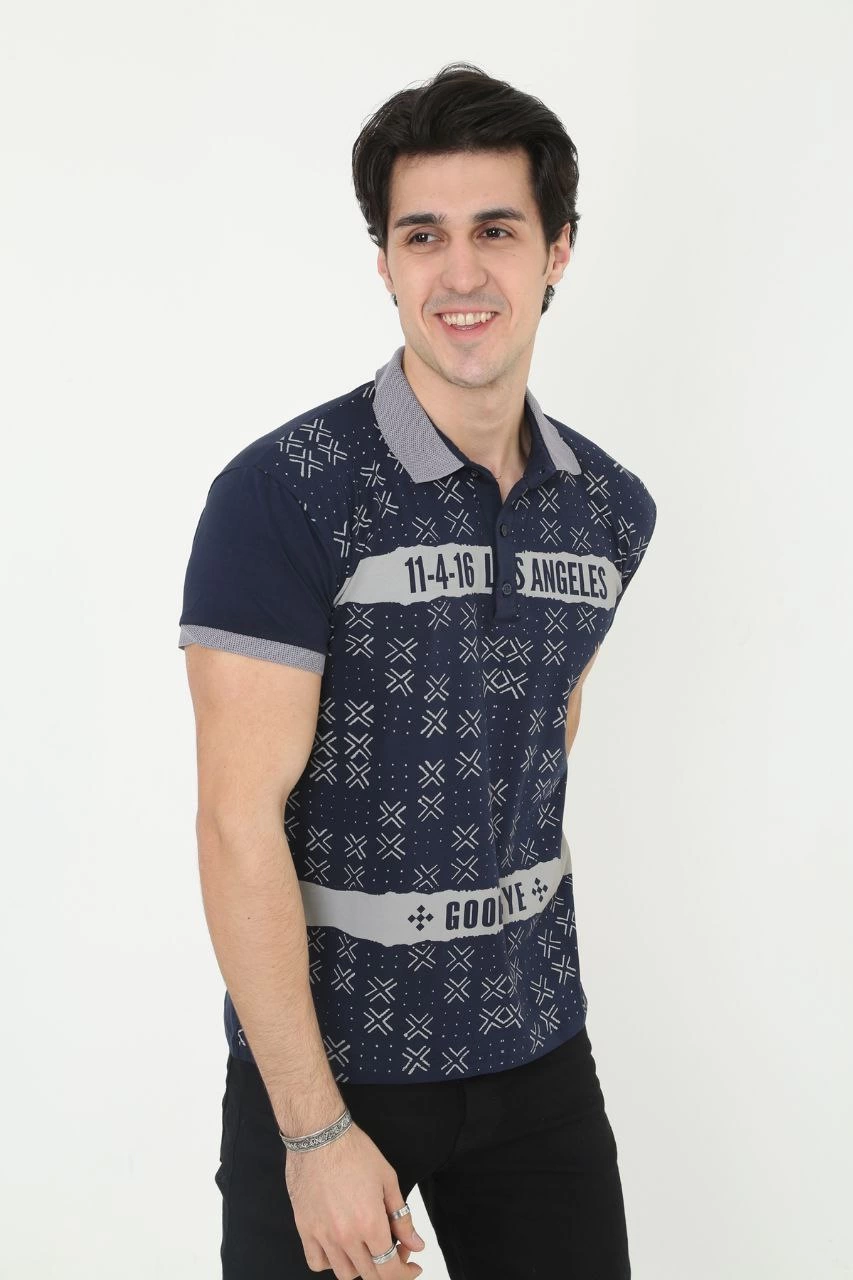 Erkek Polo Yaka  tişört Slim Fit Baskılı Kısa kol T-Shirt - Lacivert