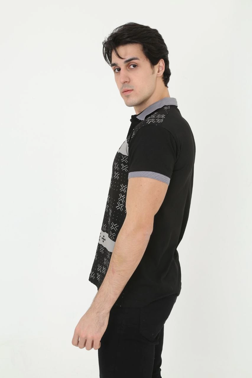 Erkek Polo Yaka tişört Slim Fit Baskılı Kısa kol T-Shirt - Siyah