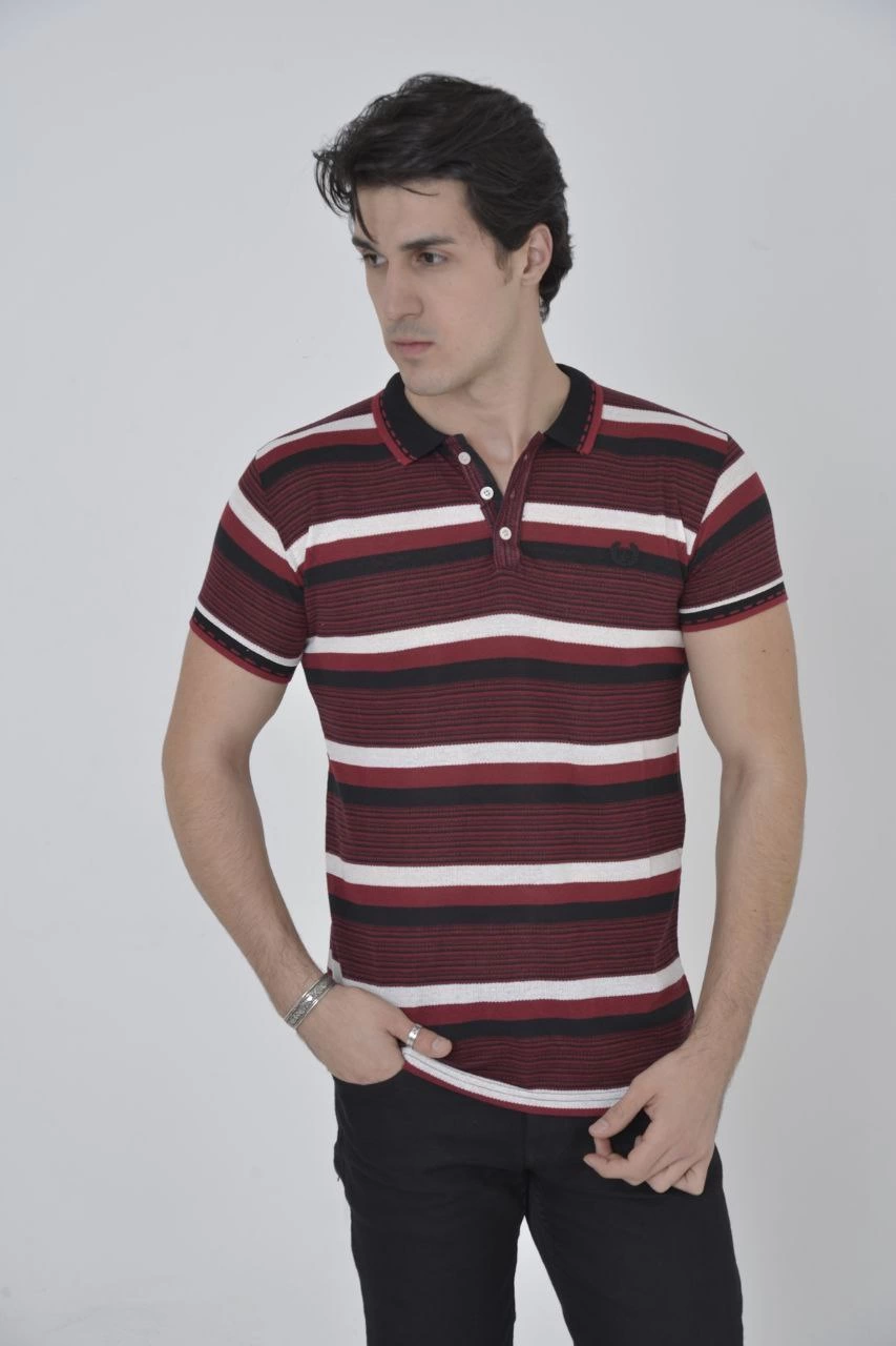 Erkek Polo Yaka tişört Slim Fit Dokuma Çizgili Kısa kol T-Shirt - Bordo