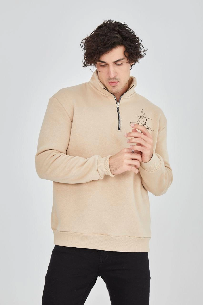 Erkek Yarım Fermuarlı Baskılı 3 iplik pamuklu sweatshirt - Bej