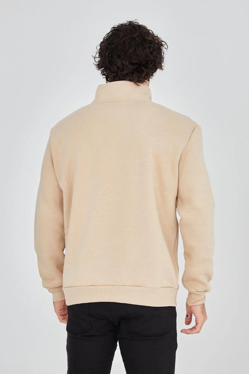 Erkek Yarım Fermuarlı Baskılı 3 iplik pamuklu sweatshirt - Bej