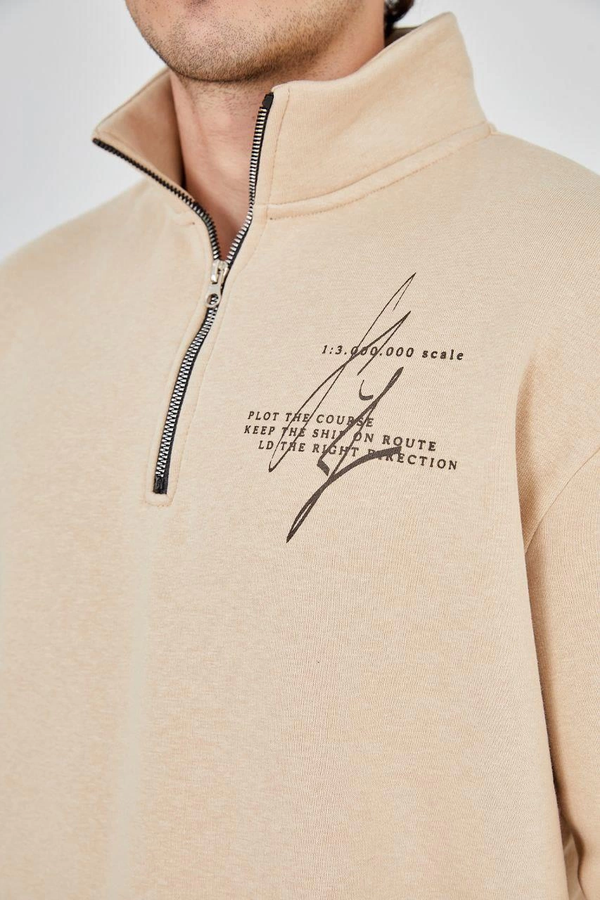 Erkek Yarım Fermuarlı Baskılı 3 iplik pamuklu sweatshirt - Bej