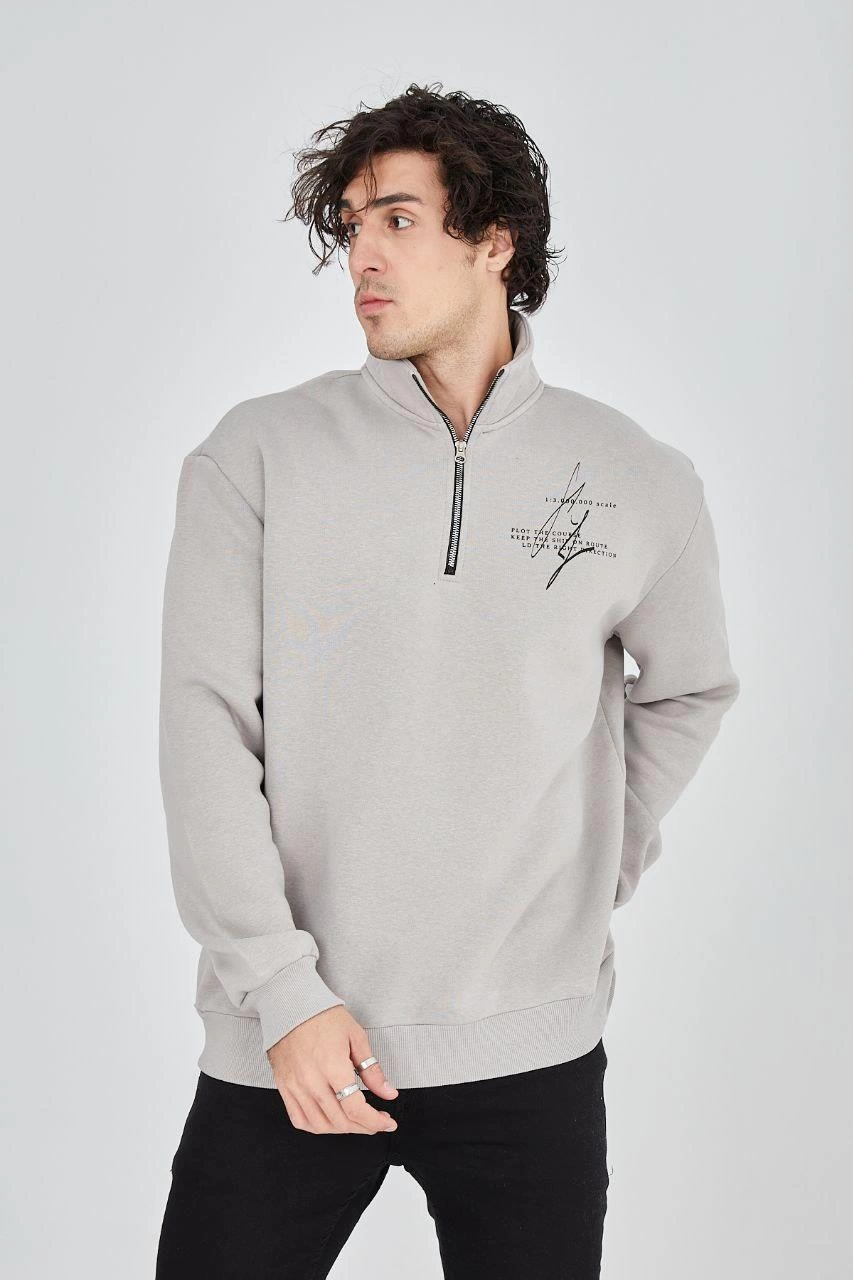 Erkek Yarım Fermuarlı Baskılı 3 iplik pamuklu sweatshirt - Boyalı Gri