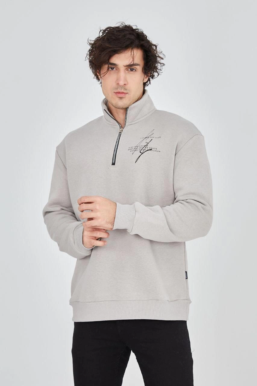 Erkek Yarım Fermuarlı Baskılı 3 iplik pamuklu sweatshirt - Boyalı Gri