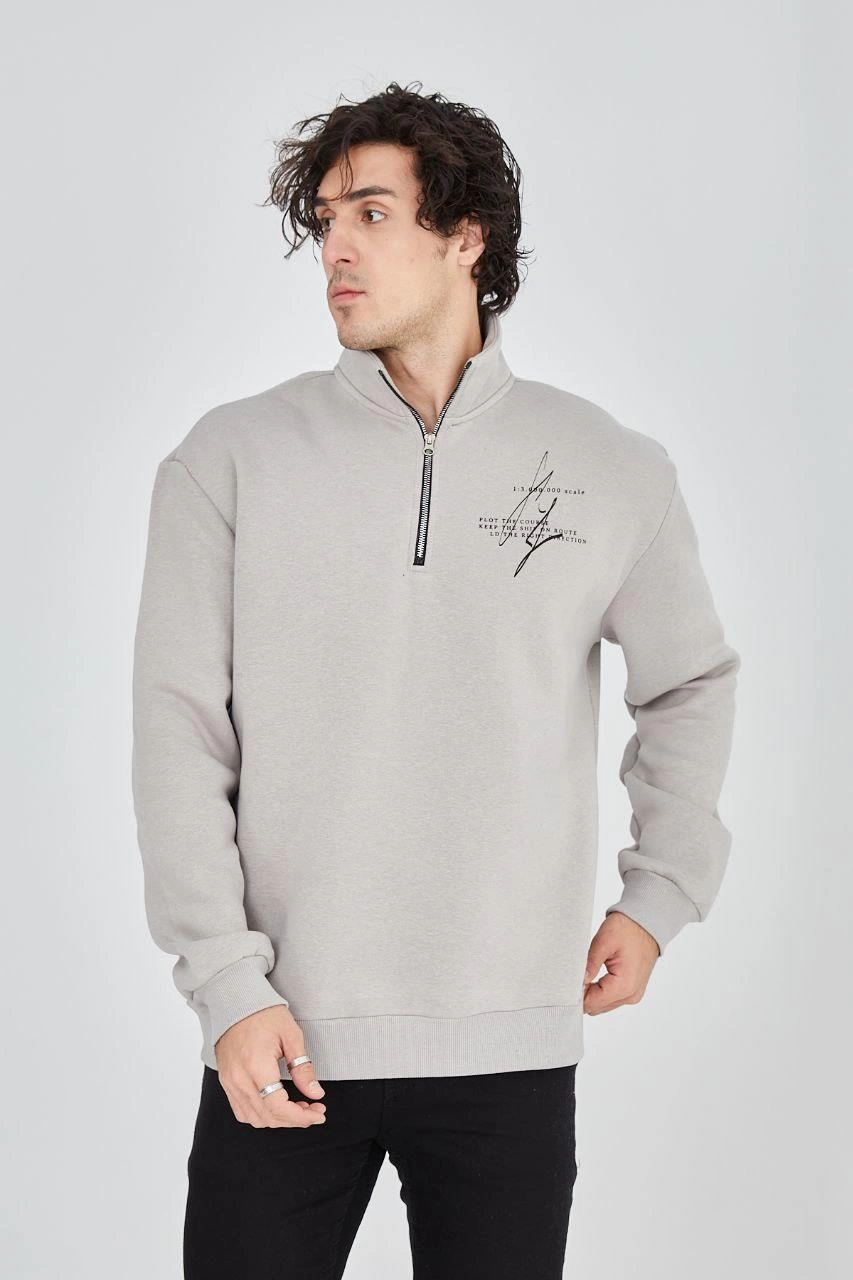 Erkek Yarım Fermuarlı Baskılı 3 iplik pamuklu sweatshirt - Boyalı Gri