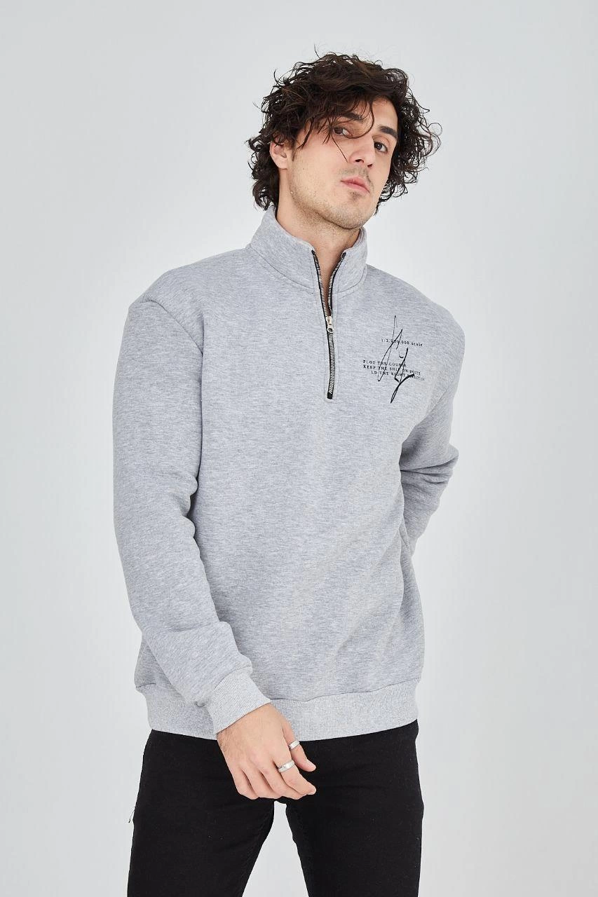 Erkek Yarım Fermuarlı Baskılı 3 iplik pamuklu sweatshirt - Gri