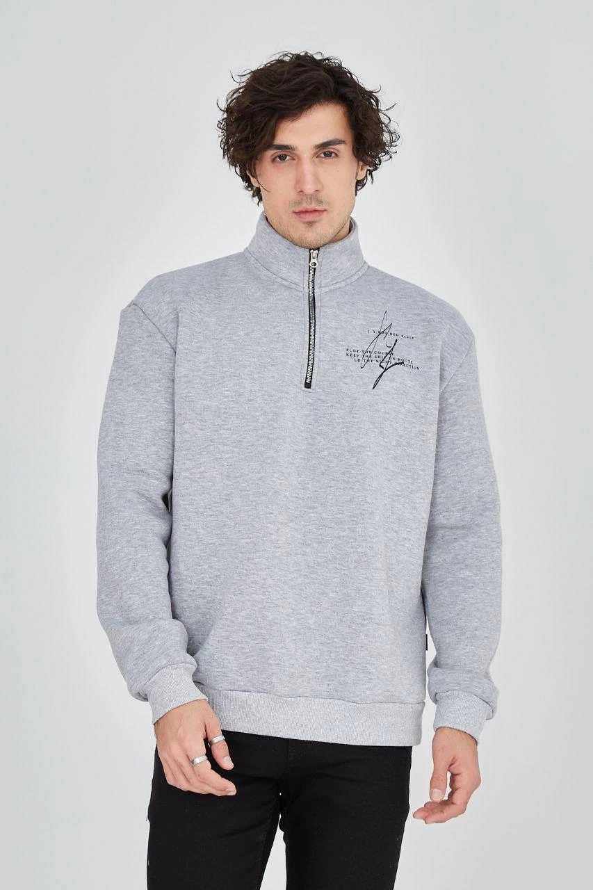 Erkek Yarım Fermuarlı Baskılı 3 iplik pamuklu sweatshirt - Gri