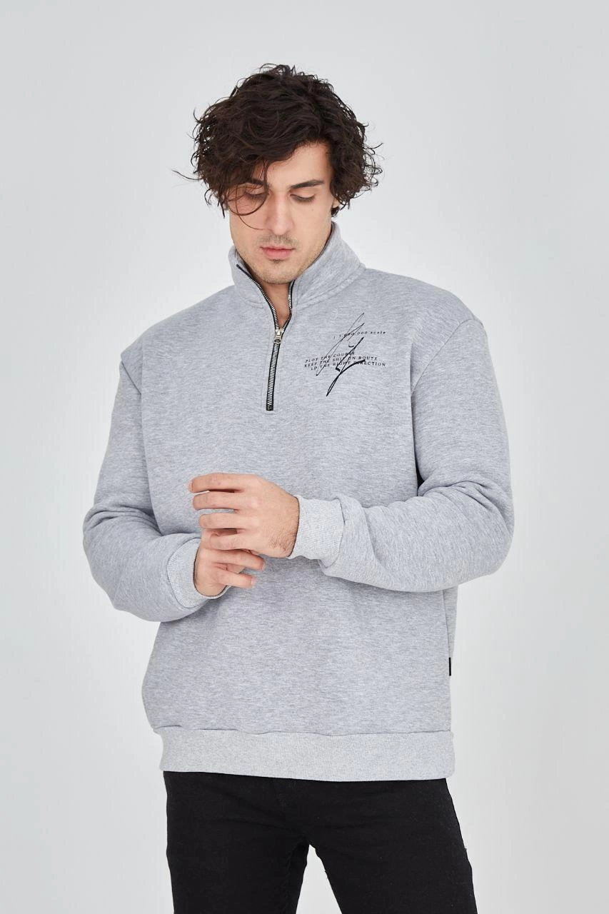 Erkek Yarım Fermuarlı Baskılı 3 iplik pamuklu sweatshirt - Gri