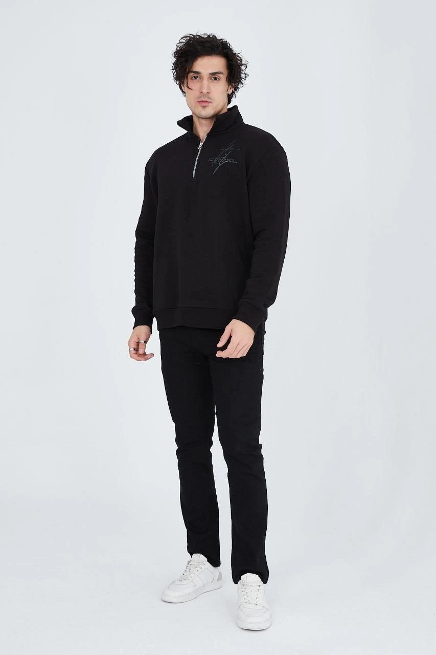 Erkek Yarım Fermuarlı Baskılı 3 iplik pamuklu sweatshirt - Siyah