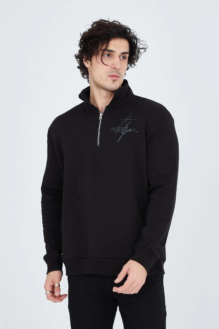 Erkek Yarım Fermuarlı Baskılı 3 iplik pamuklu sweatshirt - Siyah