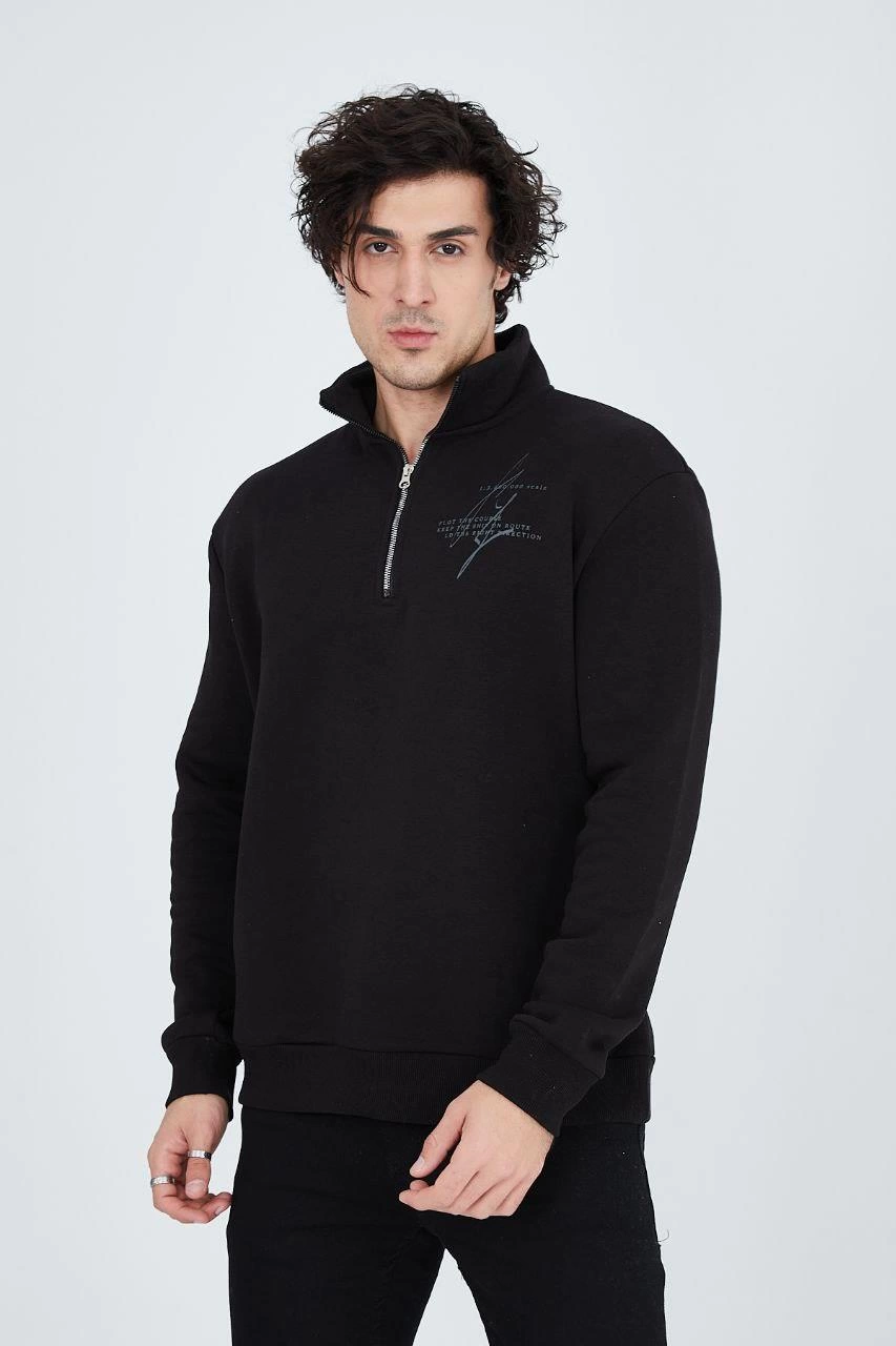 Erkek Yarım Fermuarlı Baskılı 3 iplik pamuklu sweatshirt - Siyah