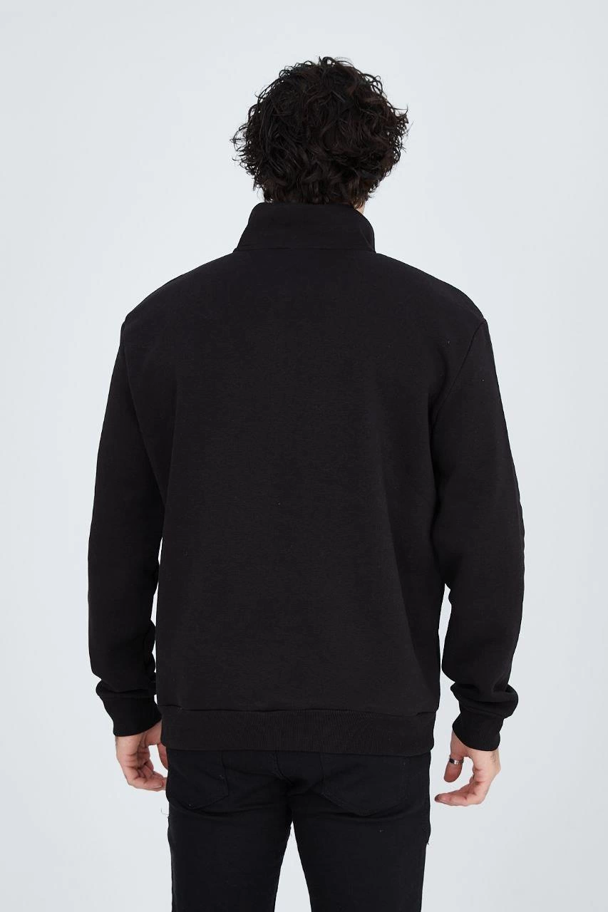 Erkek Yarım Fermuarlı Baskılı 3 iplik pamuklu sweatshirt - Siyah