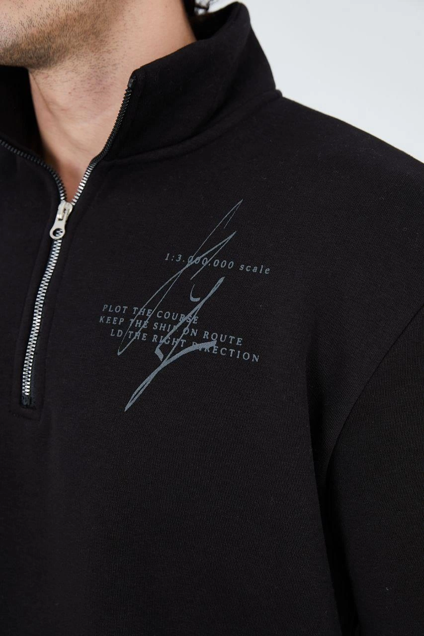 Erkek Yarım Fermuarlı Baskılı 3 iplik pamuklu sweatshirt - Siyah