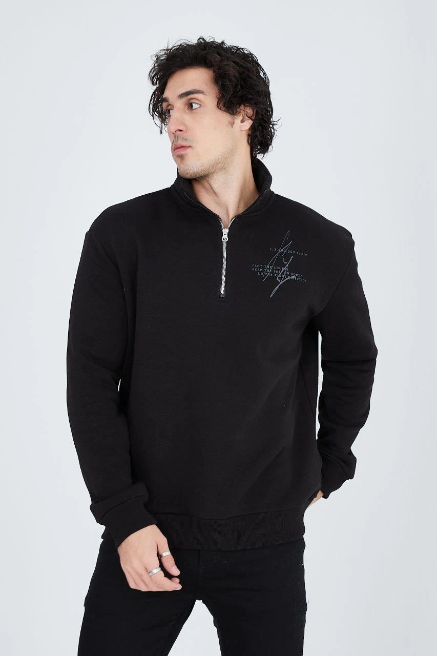 Erkek Yarım Fermuarlı Baskılı 3 iplik pamuklu sweatshirt - Siyah