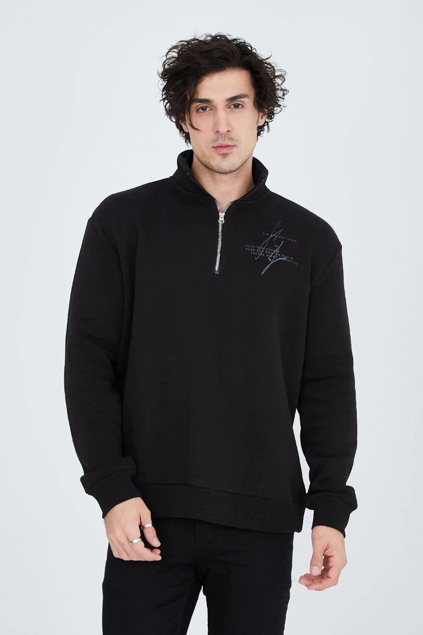 Erkek Yarım Fermuarlı Baskılı 3 iplik pamuklu sweatshirt - Siyah