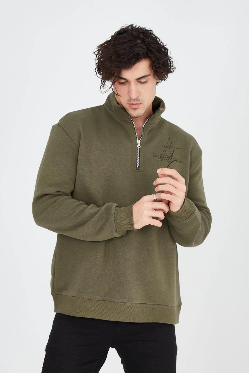 Erkek Yarım Fermuarlı Baskılı 3 iplik pamuklu sweatshirt - Yeşil