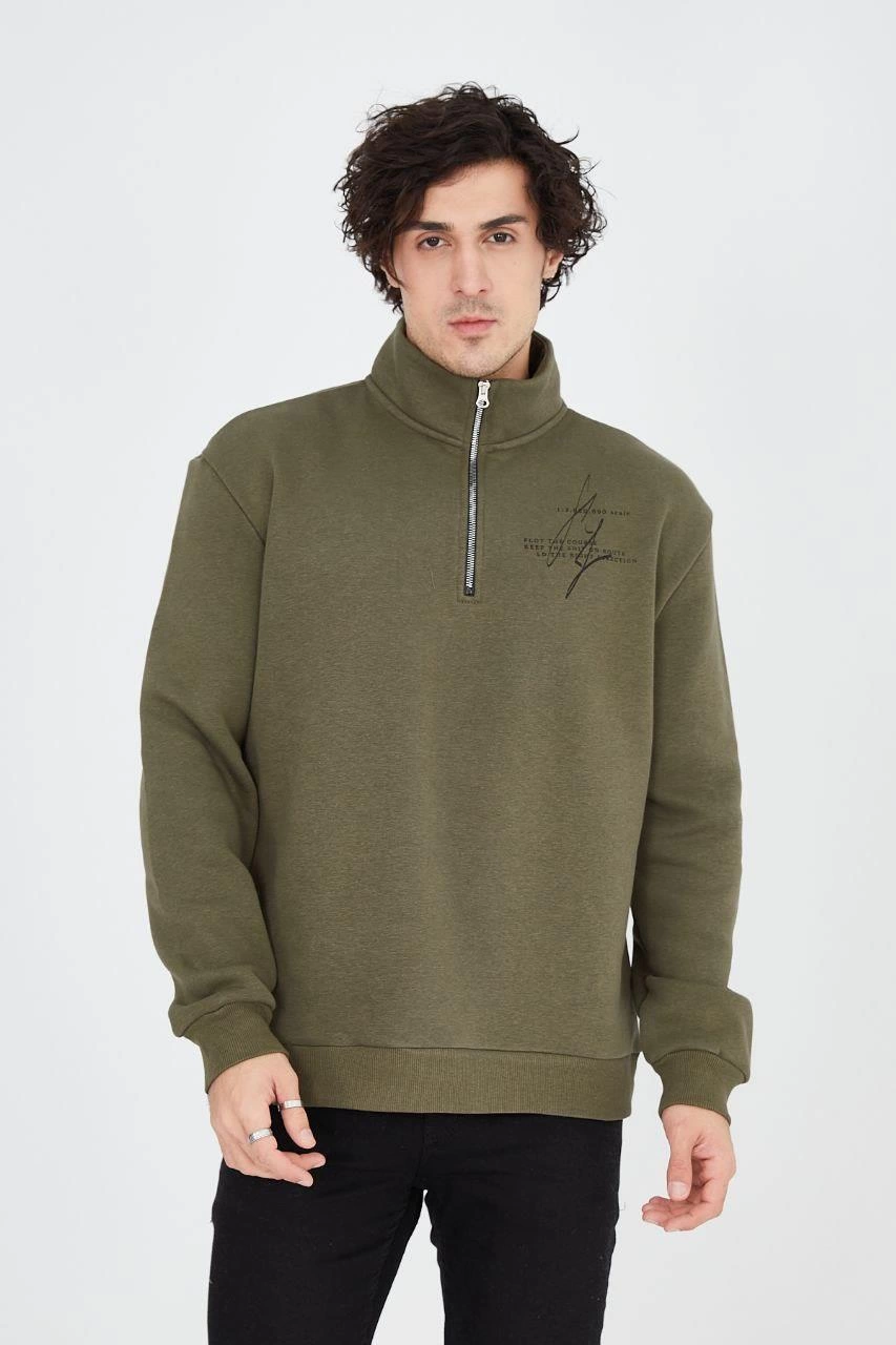 Erkek Yarım Fermuarlı Baskılı 3 iplik pamuklu sweatshirt - Yeşil