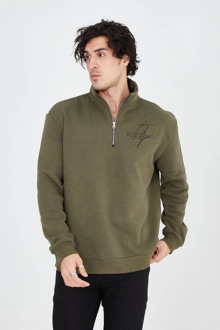 Erkek Yarım Fermuarlı Baskılı 3 iplik pamuklu sweatshirt - Yeşil