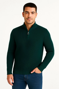 Erkek Yarım Fermuarlı Triko Kazak Selanik Örgü Dik Yaka Pamuklu Dokuma Regular Fit - Haki