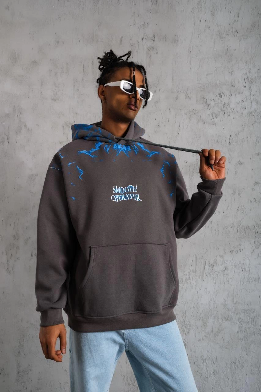 Erkek 3 İplik Pamuklu Kapüşonlu Baskılı Cepli Oversize Sweatshirt Hoodie - Gri
