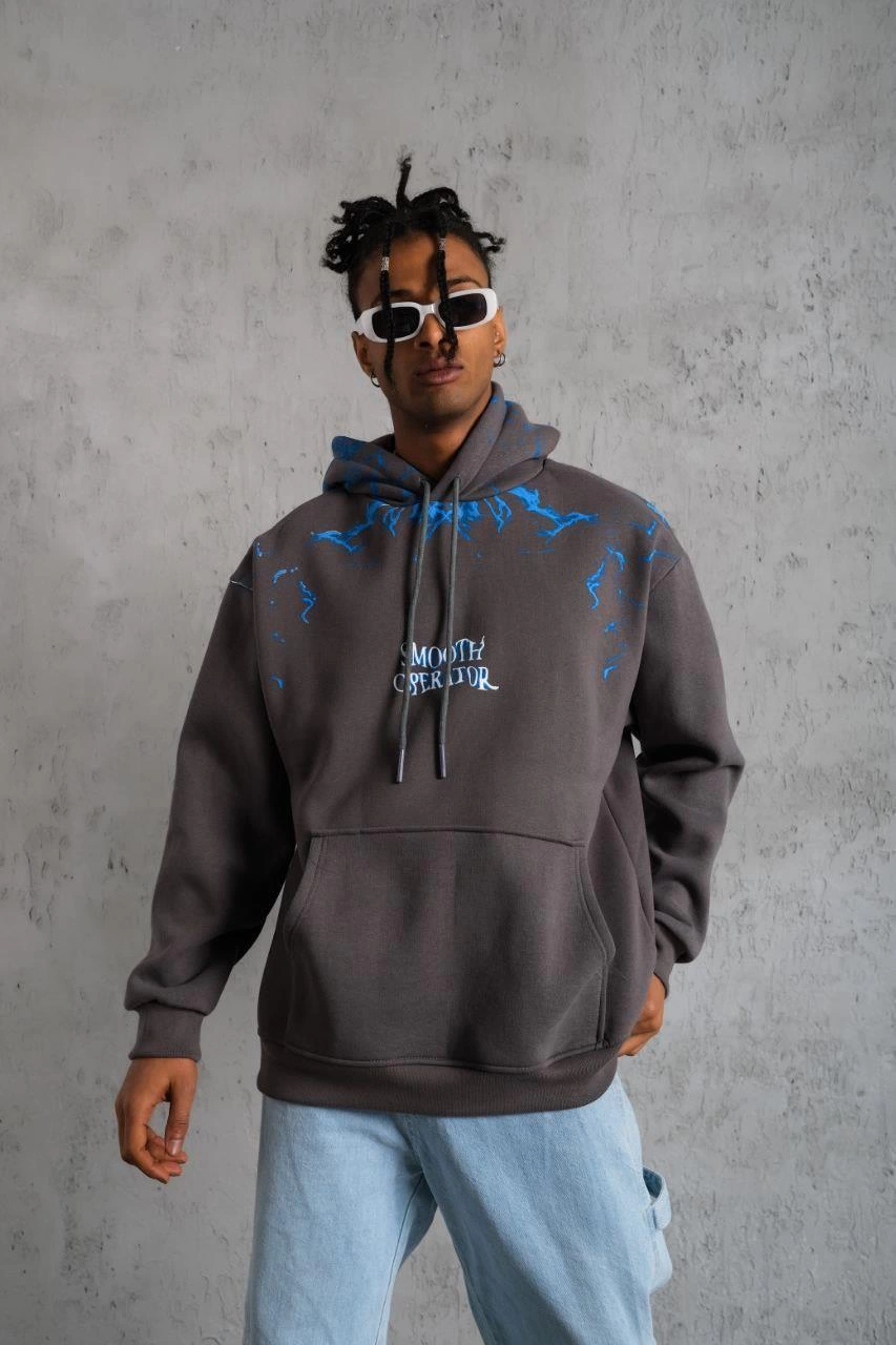 Erkek 3 İplik Pamuklu Kapüşonlu Baskılı Cepli Oversize Sweatshirt Hoodie - Gri