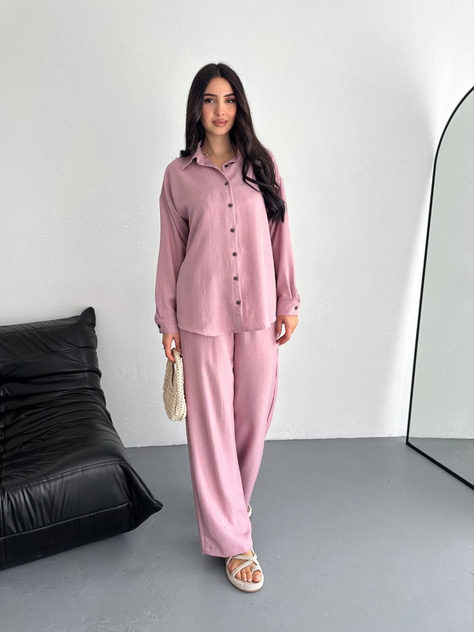 Kadın Gömlek Pantolon ikili Alt-Üst Takım - Toz Pembe