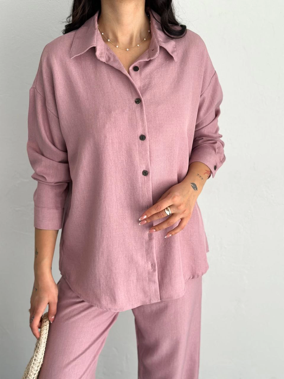 Kadın Gömlek Pantolon ikili Alt-Üst Takım - Toz Pembe