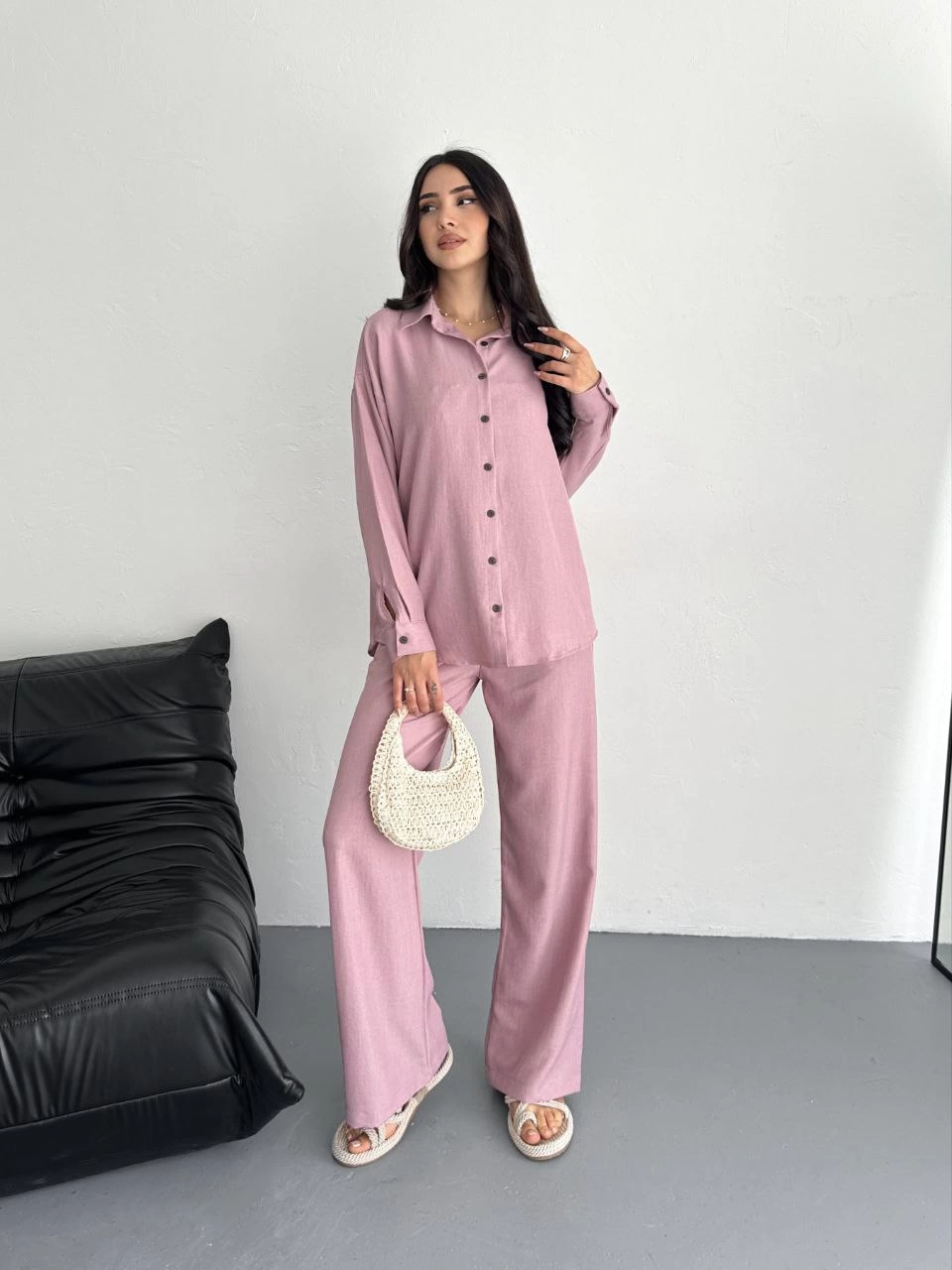 Kadın Gömlek Pantolon ikili Alt-Üst Takım - Toz Pembe