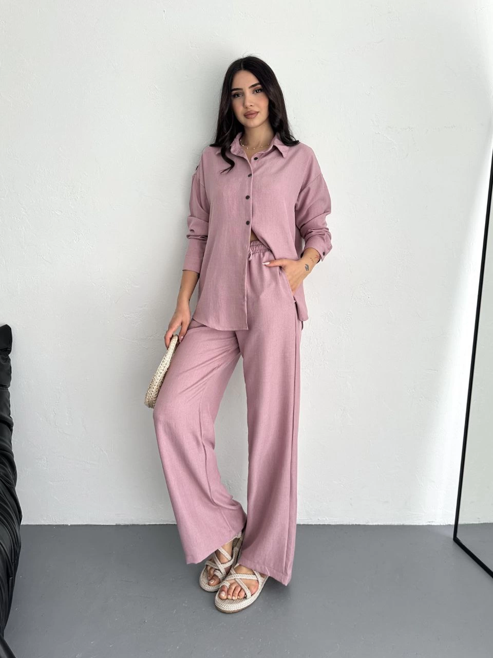 Kadın Gömlek Pantolon ikili Alt-Üst Takım - Toz Pembe