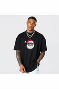 Yılbaşı Gözlüklü Noel Baba Baskılı Kısa Kollu Oversize Bisiklet Yaka T-shirt - Siyah